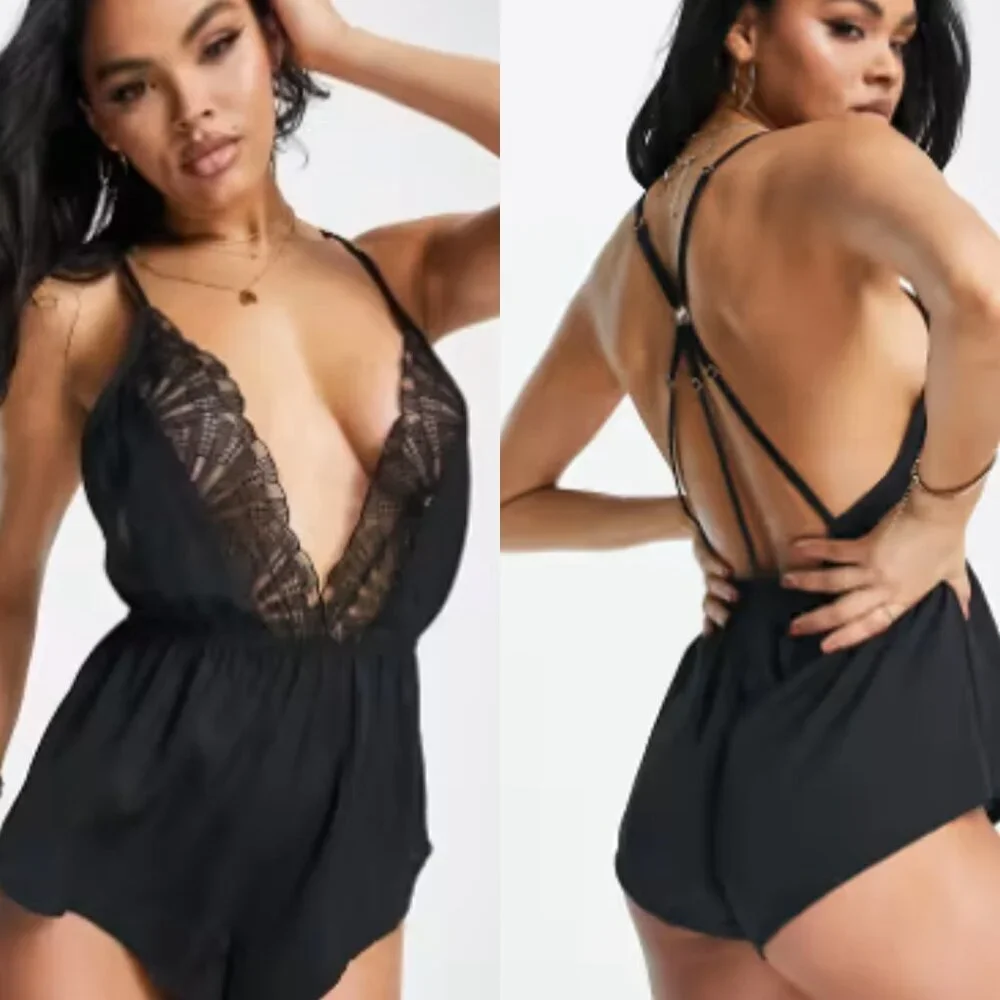 New! Bluebella Carrie Plunge Front Lace Trim Romper In Black Size XS 1925